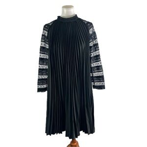 Why Dress Black Pleated Lace Beaded Sleeves Size Medium NEW NWT